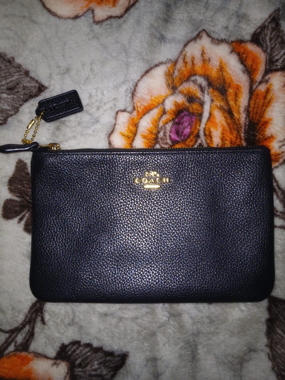 Coach Black Pebbled Leather Wristlet with Gold Logo